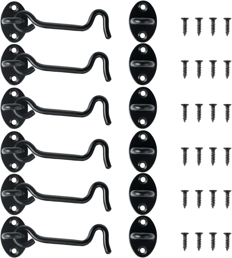 Dluno 4" Hook and Eye Latch 6-Pack, Heavy Duty Solid Stainless Steel Cabin Privacy Hooks Latch with Mounting Screws for Barn Doors, Bathrooms, Sliding Doors, Sheds, Blinds, Bedrooms. (Black) - Image 1